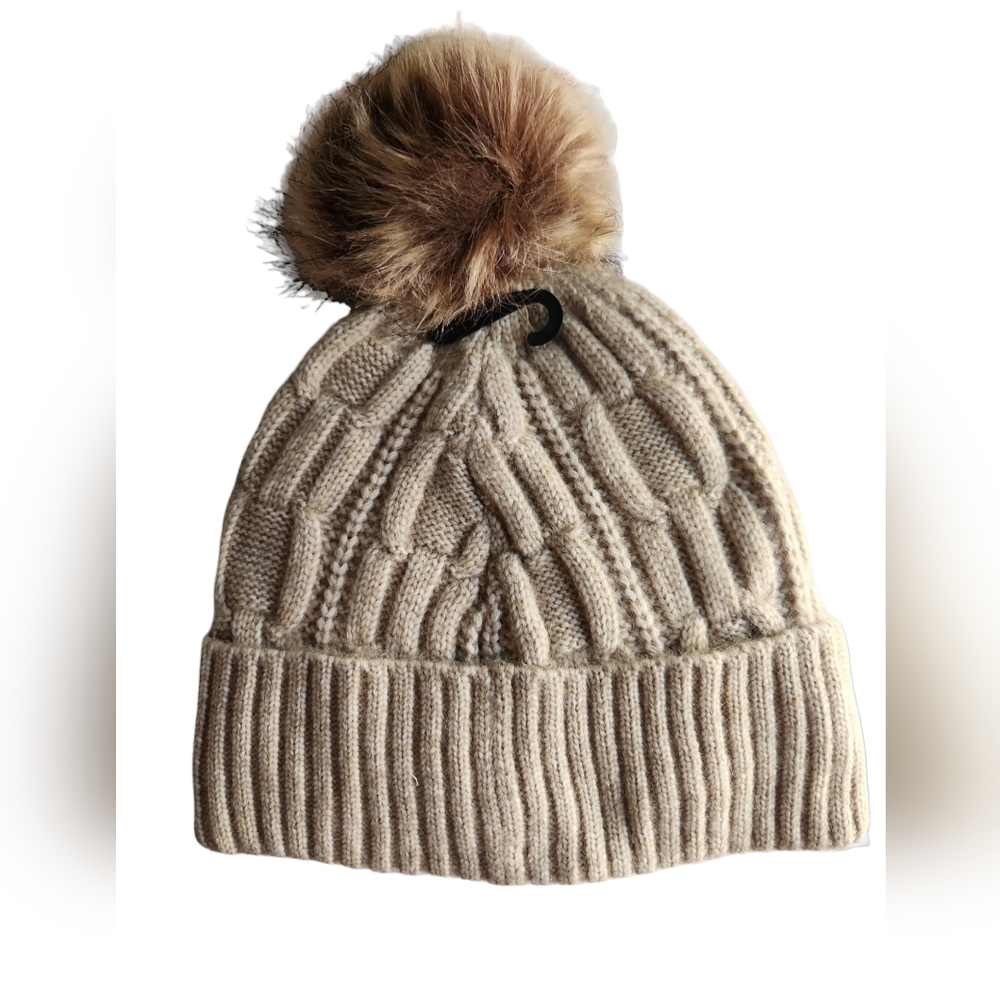 Calvin Klein Women's Cable Knit Pom Beanie Beige One Size